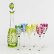 Val Saint Lambert ‘Richepin’, a carafe and 6 matching goblets or glasses. Cut and coloured crystal.