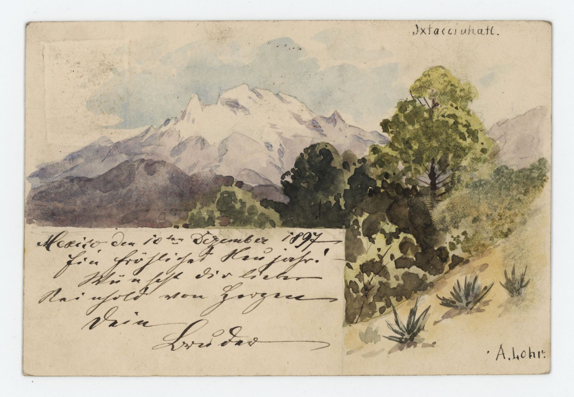 August Lohr | Blick auf den Iztaccíhuatl, Mexiko | Aquarell | um 1897 - Bild 3 aus 4
