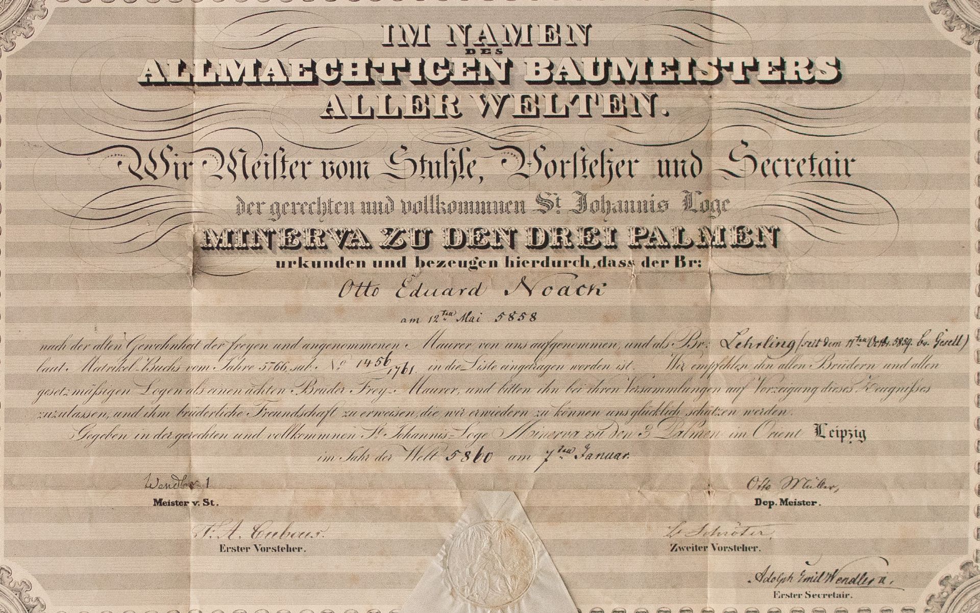 Loge Minerva zu den drei Palmen (Leipzig) | Aufnahmeurkunde | Urkunde | 1860 - Bild 2 aus 4