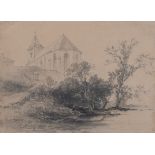 Carl Graeb | Kirche mit Weiher | Bleistiftzeichnung | 19. Jhd.