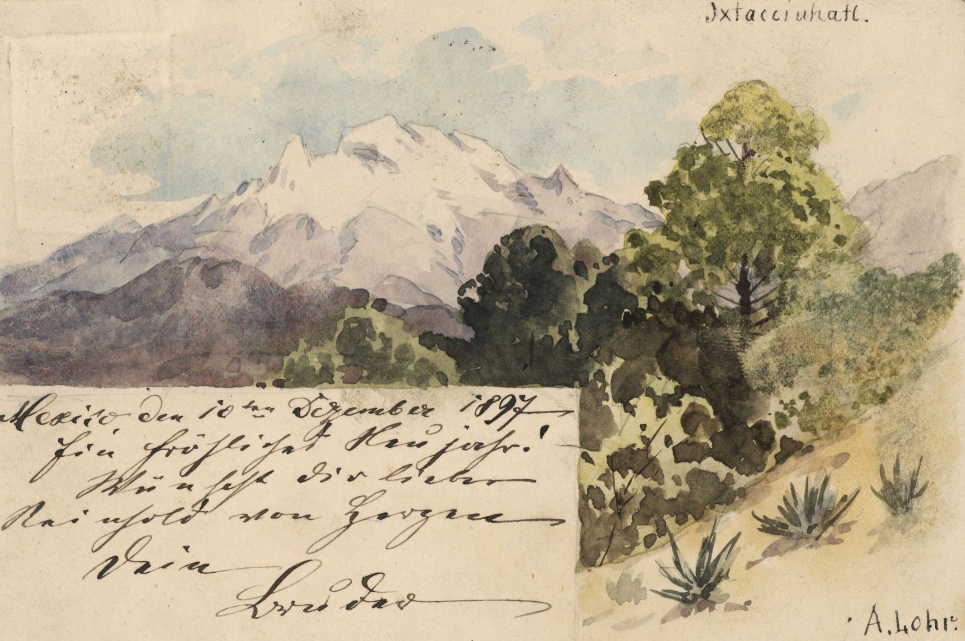 August Lohr | Blick auf den Iztaccíhuatl, Mexiko | Aquarell | um 1897 - Bild 2 aus 4