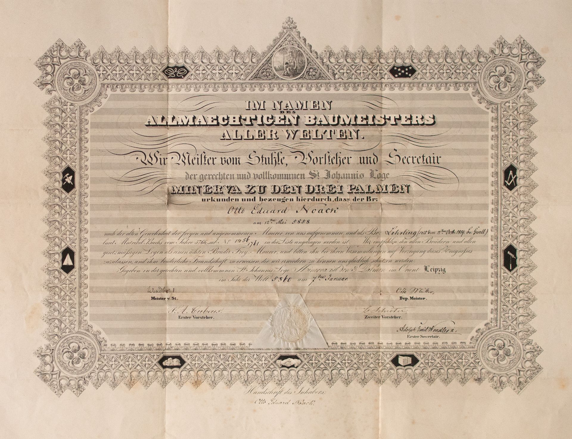 Loge Minerva zu den drei Palmen (Leipzig) | Aufnahmeurkunde | Urkunde | 1860