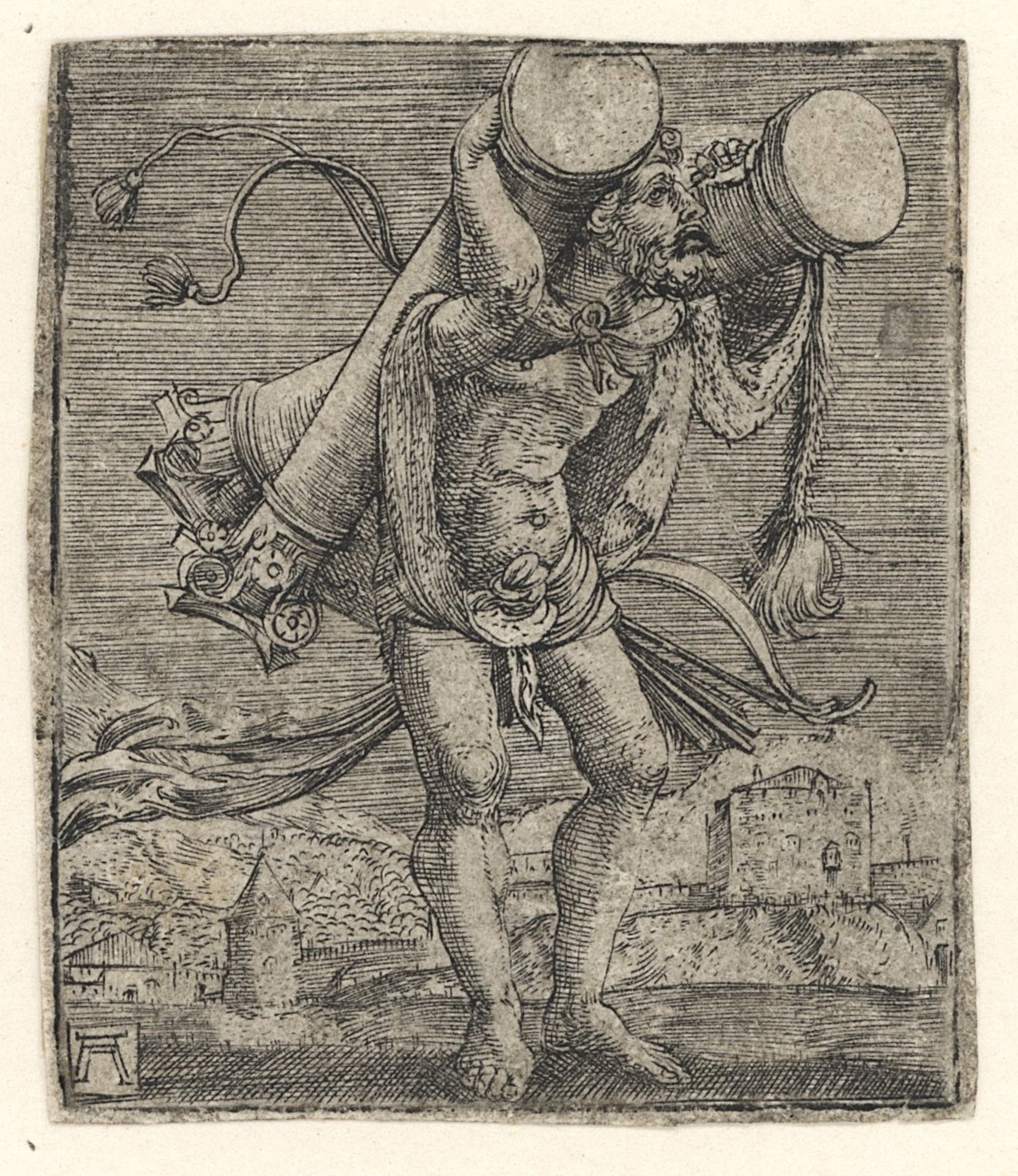 Albrecht Altdorfer | Herkules trägt die Säulen | Kupferstich | 1. Hälfte 16. Jhd.