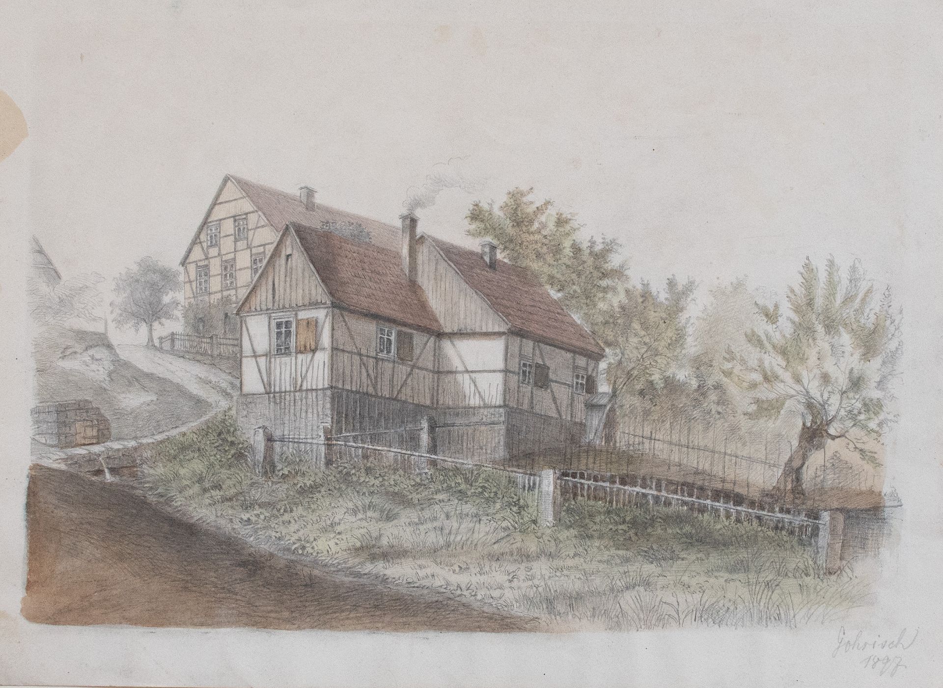 Deutscher Künstler | Dorfansicht | Aquarellierte Bleistiftzeichnung | 1897