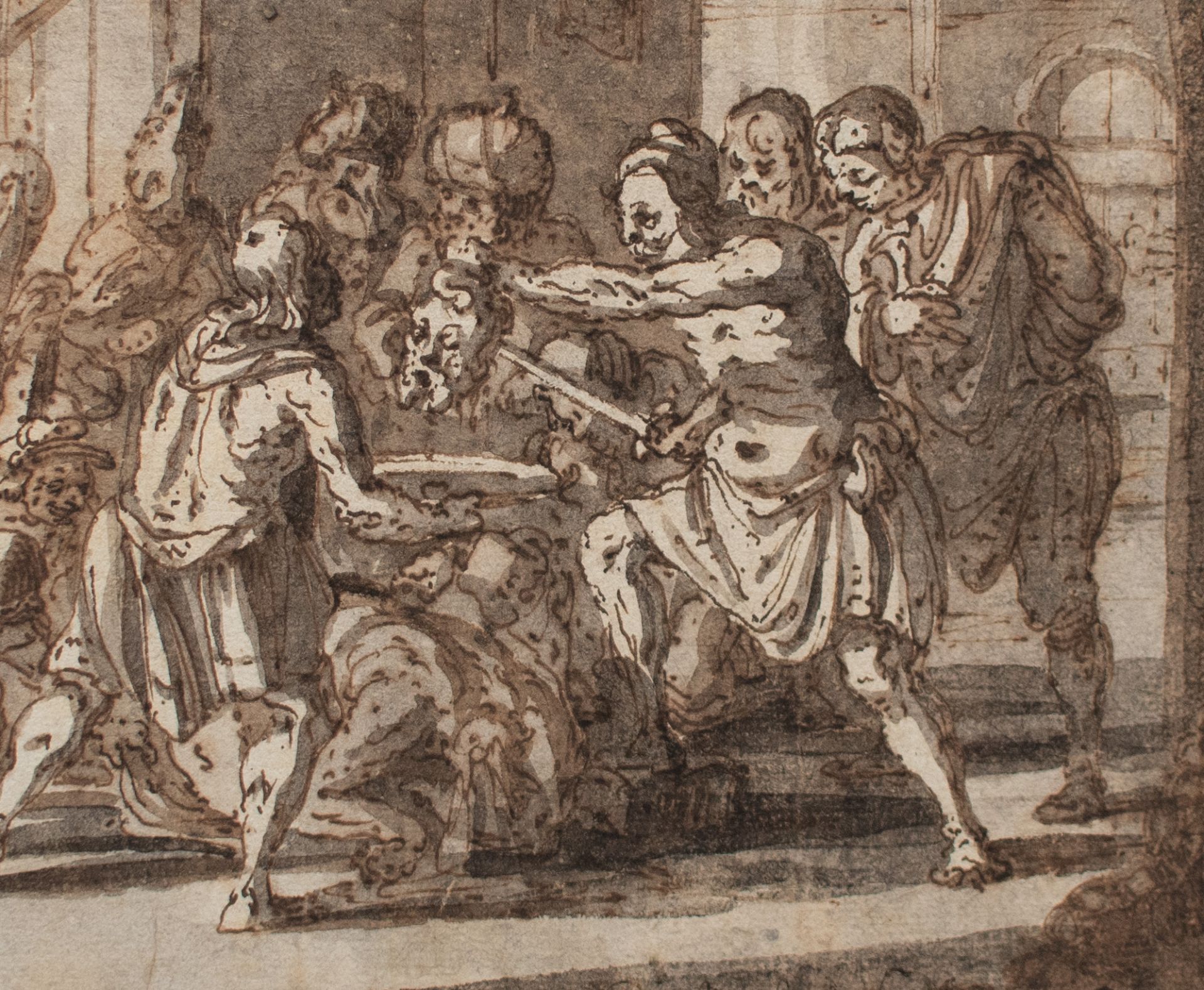 Flämischer Künstler | Enthauptung Johannes des Täufers | Braune Feder und Tusche, laviert | um 1600 - Bild 2 aus 7