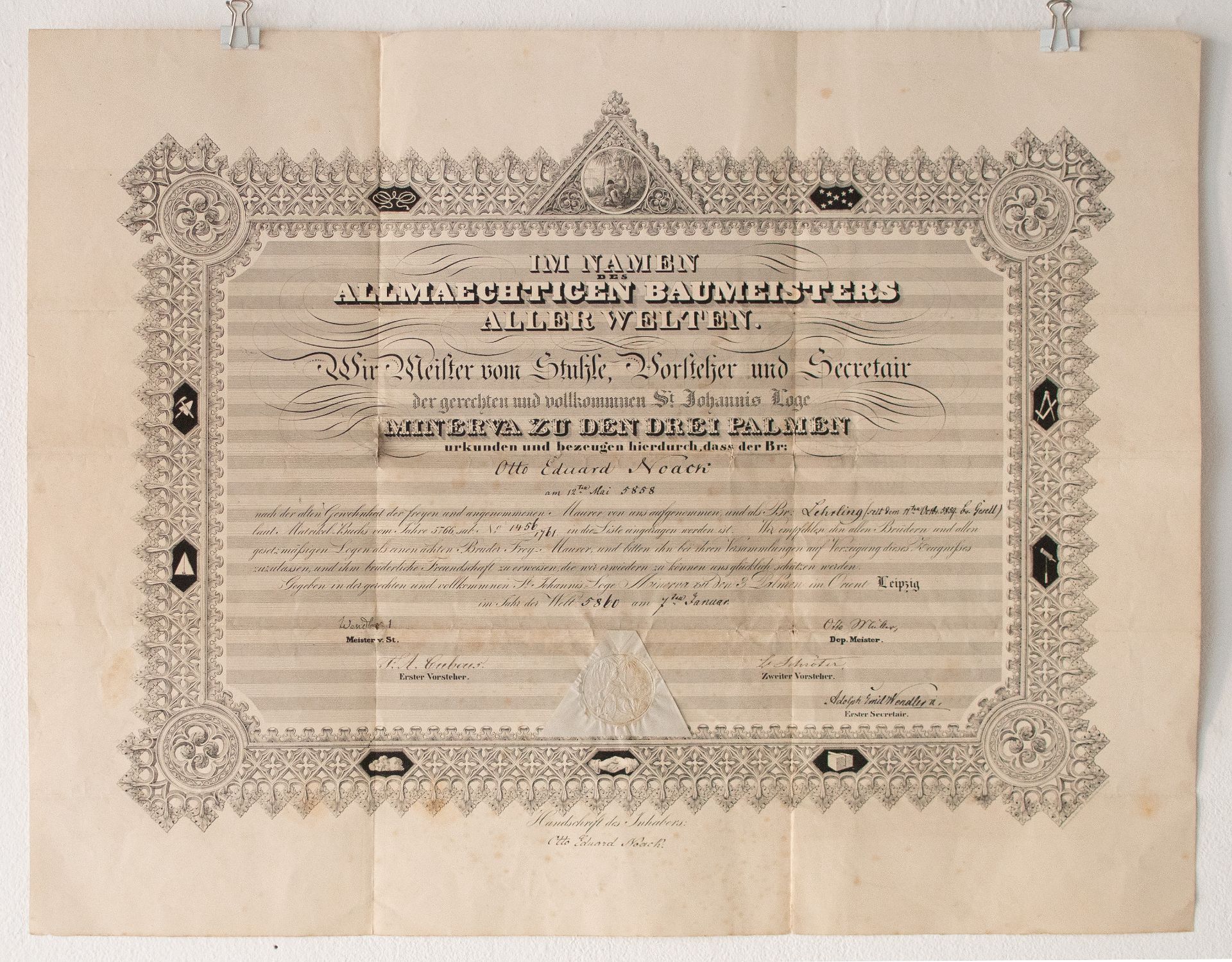 Loge Minerva zu den drei Palmen (Leipzig) | Aufnahmeurkunde | Urkunde | 1860 - Bild 3 aus 4