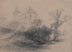 Carl Graeb | Kirche mit Weiher | Bleistiftzeichnung | 19. Jhd.