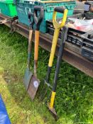 2 spades, fork and splitting axe