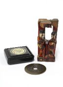 Cricket box, small chinoiserie giltwood carving and Chinese style coin (3)