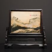 Treasured Natural Stone Painting Screen with Peak Colors on Both Sides, Ebony Wood Inlaid with Marbl