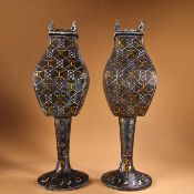 A pair of bronze tall-legged square zun
