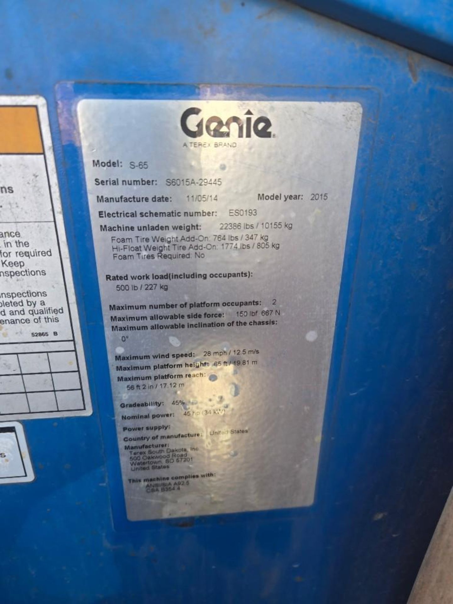 (2015) Genie S-65 Boom Lift - Image 6 of 6