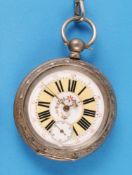 Alpenländische Silbertaschenuhr mit ausgeschnittenem Werk und Nickelkette