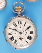 Große Silbertaschenuhr mit Mondphasen-Kalender