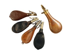 Four Shot Flasks and a Rifle Powder Flask