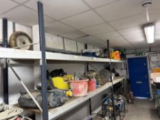 Contents of 4 shelves to include misc tools saw blades and drilling accessories