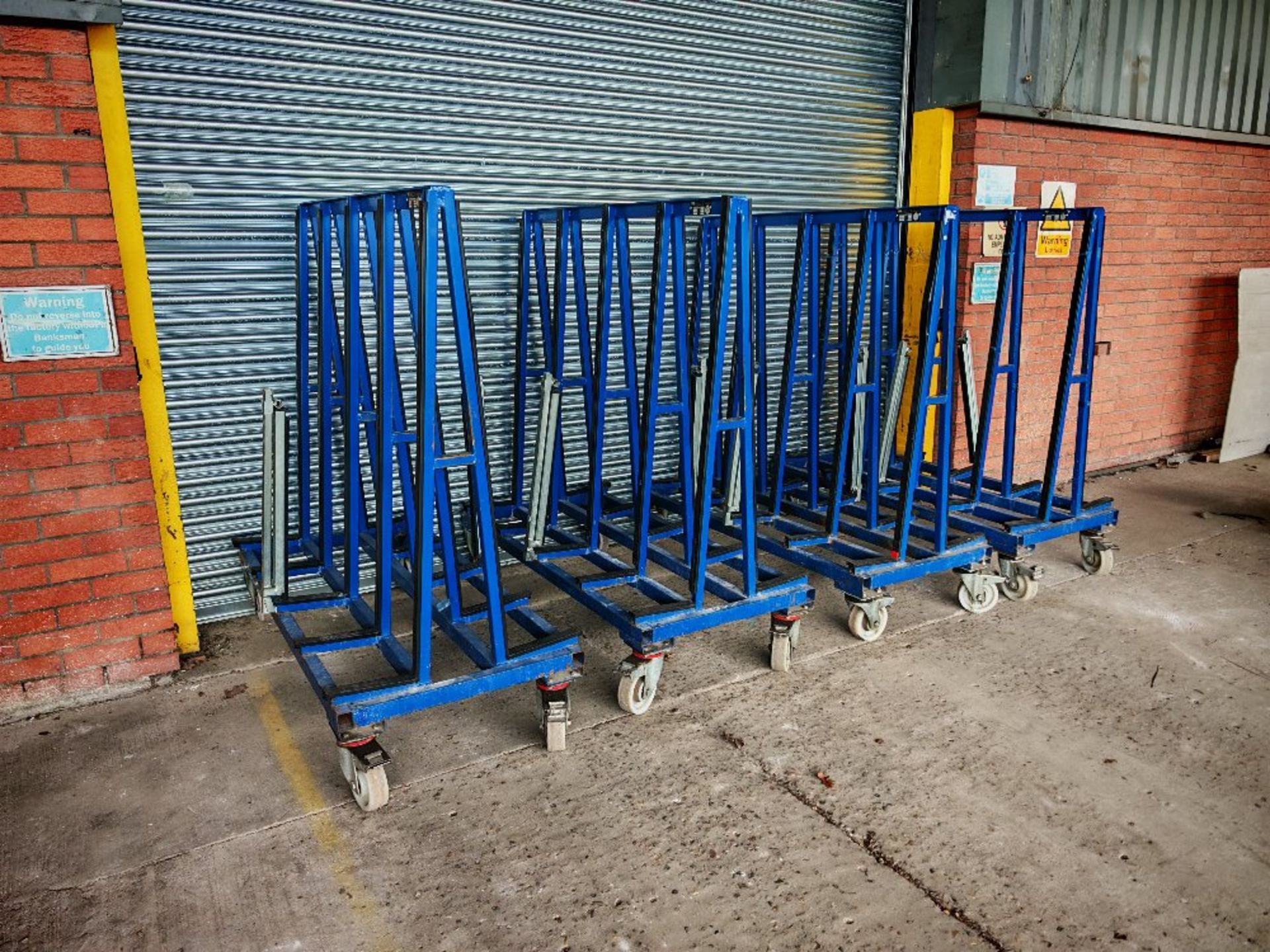 (4) Hegla LH53 mobile A-frame glass trolleys with securing attachment arms