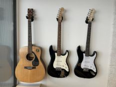 2x Squire Stratrocaster Electric Guitars with Yamaha F310 Acoustic