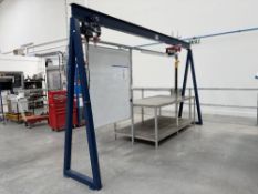 Steel framed overhead a frame gantry with two motorised electric hoists