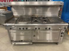 QUEST QGRC-4021114 NAT GAS RANGE WITH GRIDDLE, CHARBROILER, 4-OPEN BURNERS, FRENCH TOP & DOUBLE CONV
