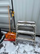 Lot of (2) Aluminum Saw Horses, (2) Snow Shovels, and (1) Broom