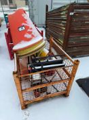 Metal Crate w/ Asst. Pipe Stands, Pylons, Justrite Fuel Cans, etc.