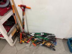 Lot of Asst. Hand Saws, Rakes, Garden Shears, Pitchfork, etc.