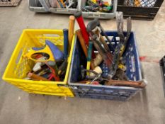 Lot of (2) Milk Crates, Including Pry Bars, Hammers, Snips, Tape Gun, etc.