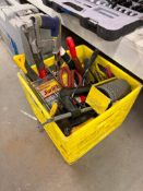 Milk Crate of Asst. Hand Tools, Including Hammers, Hacksaw, Clamps, Snips, Prybar, etc.