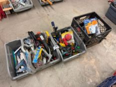 Lot of (3) Parts Bins and (1) Milk Crate w/ Asst. Hand Tools, Including Saw Blades, Screwdrivers, Wr
