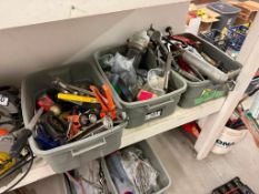 Lot of (3) Bins w/ Asst. Grease Guns, Battery Tester, Caulking Guns, Measuring Wheel, etc.