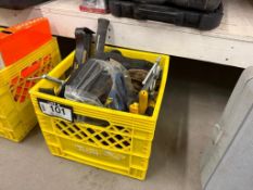 Milk Crate of Asst. Tools, Including Snips, Clamps, Tool Belt, Hammers, Prybar, etc.