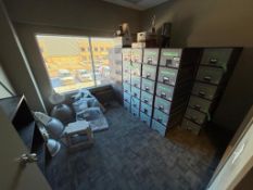 Contents of Office, Including Asst. Plastic Filing System, (3) Monitors, Keyboard Trays, High Bay Li