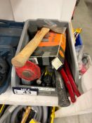 Lot of Parts Bin w/ Asst. Tools, Including Vise Grips, Channel Lock Pliers, Screwdrivers, Hatchet, e