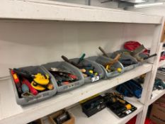 Lot of (6) Parts Bins w/ Asst. Hand Tools, Including Hammers, Screwdrivers, Tape Measures, Scrapers,