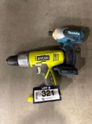Lot of (1) Makita Cordless Impact and (1) Ryobi Cordless Drill