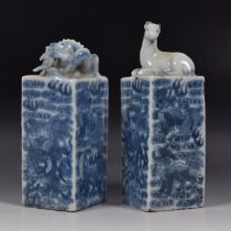 A PAIR OF CHINESE BLUE AND WHITE PORCELAIN 'ZODIAC' SEALS QING DYNASTY, 19TH CENTURY