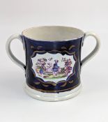 Antique Staffordshire pearlware mug: chinoiserie transfer, cobalt & gilt, c.1820