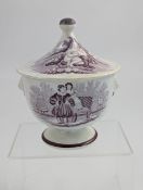 Victorian mulberry transferware sugar bowl, Staffordshire, c.1840, lion mask handles