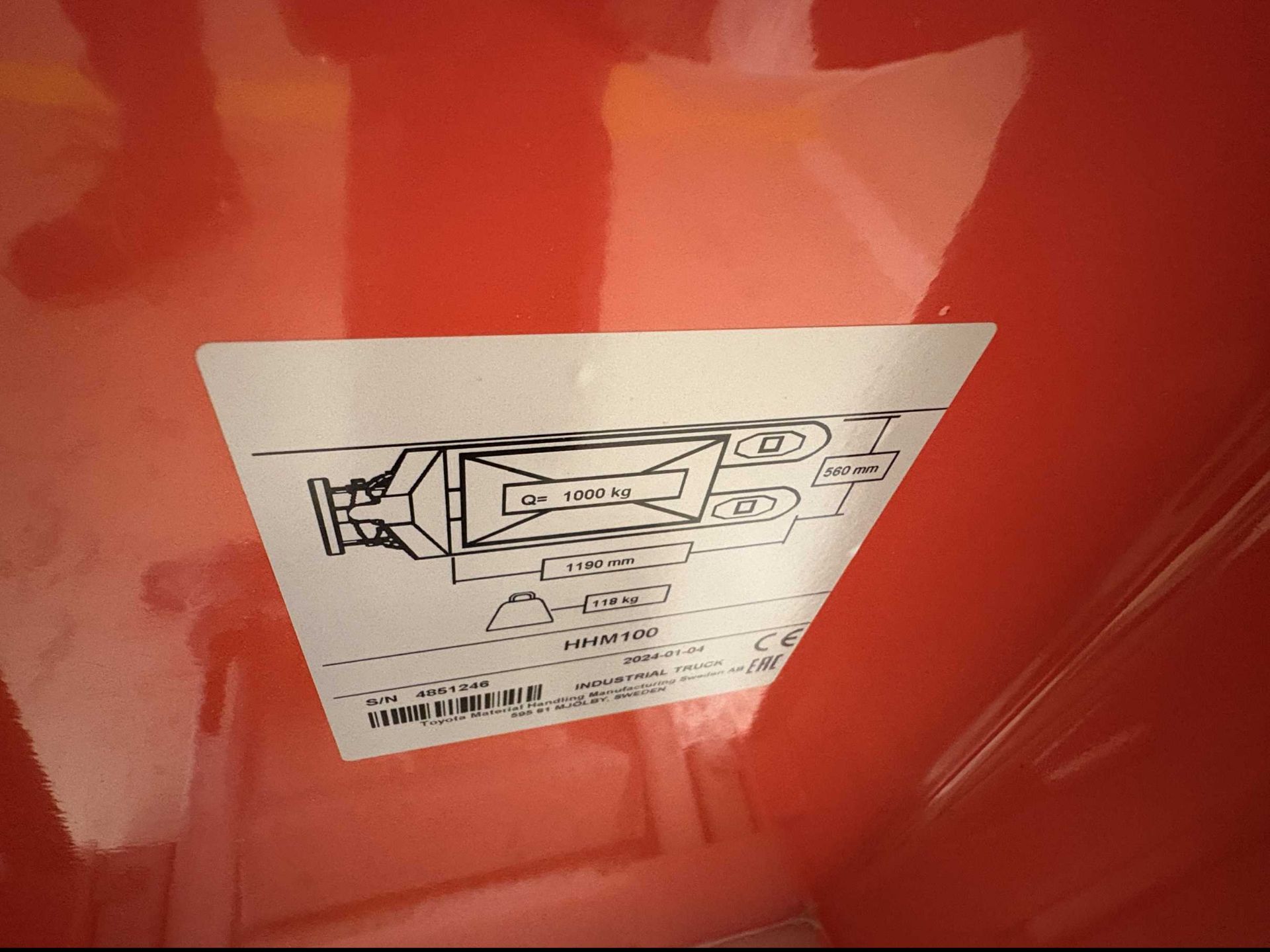 Toyota HHM100 high lifter hydraulic pallet truck, 1000kg maximum capacity, S/No.4581246, year 2024 - Image 4 of 6