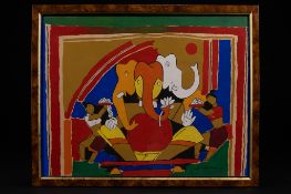Maqbool Fida Husain (1915–2011), Ganesha with Attendants, Watercolour on Paper. A bold and vibrant