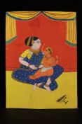 INDIAN FOLK PAINTING DEPICTING PARVATI AND INFANT GANESHA, 20TH CENTURY.