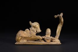 A WESTERN INDIAN FOLK STYLE BRONZE SHIVA DEVOTIONAL GROUP WITH NANDI AND NAGA, LATE 19TH/EARLY 20TH 