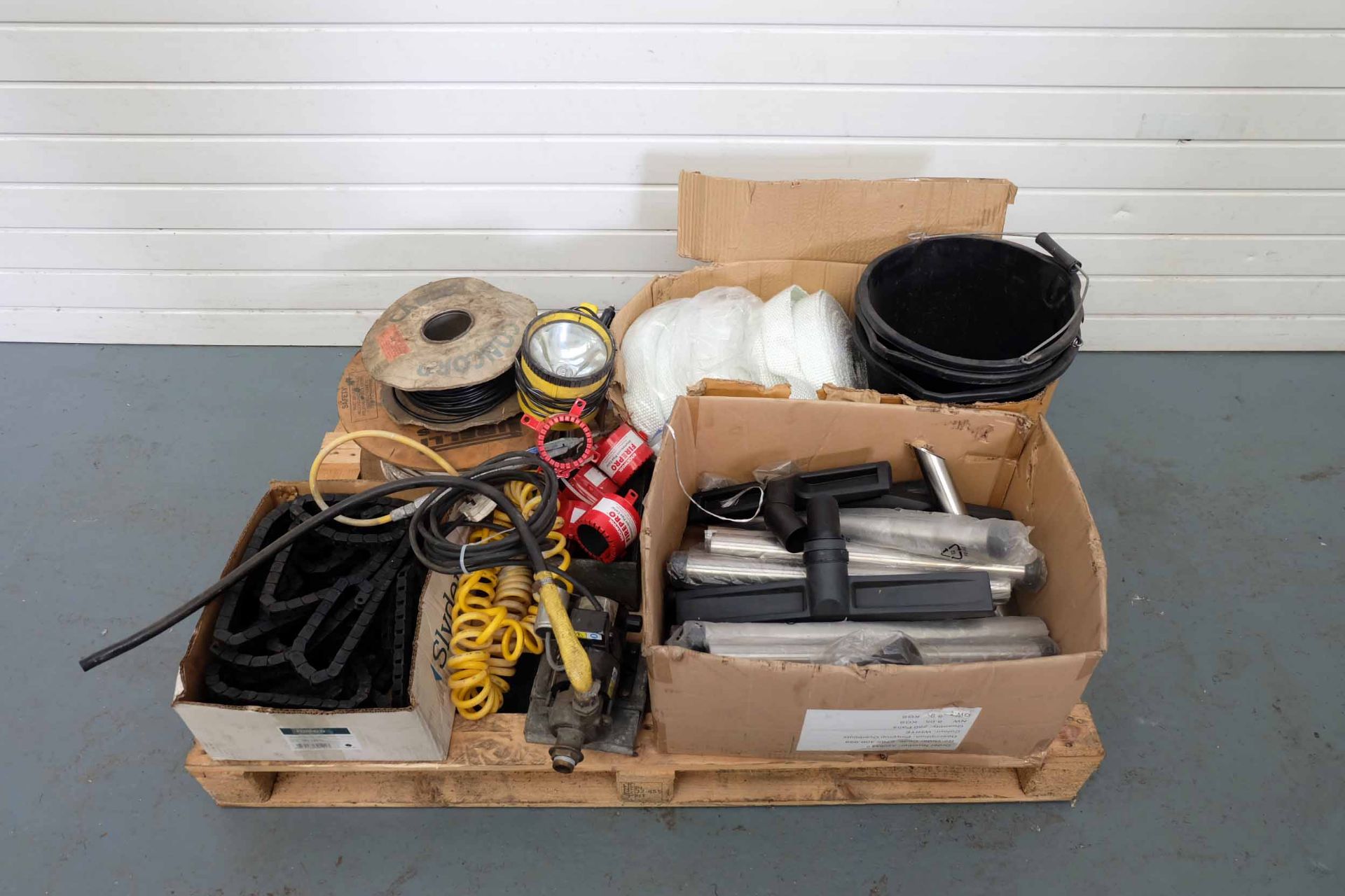 Pallet of Misc & Spares. Includes: Single Phase Pump, Vacuum Parts, Rolls of Wire, Fire Pro Pipe Cov