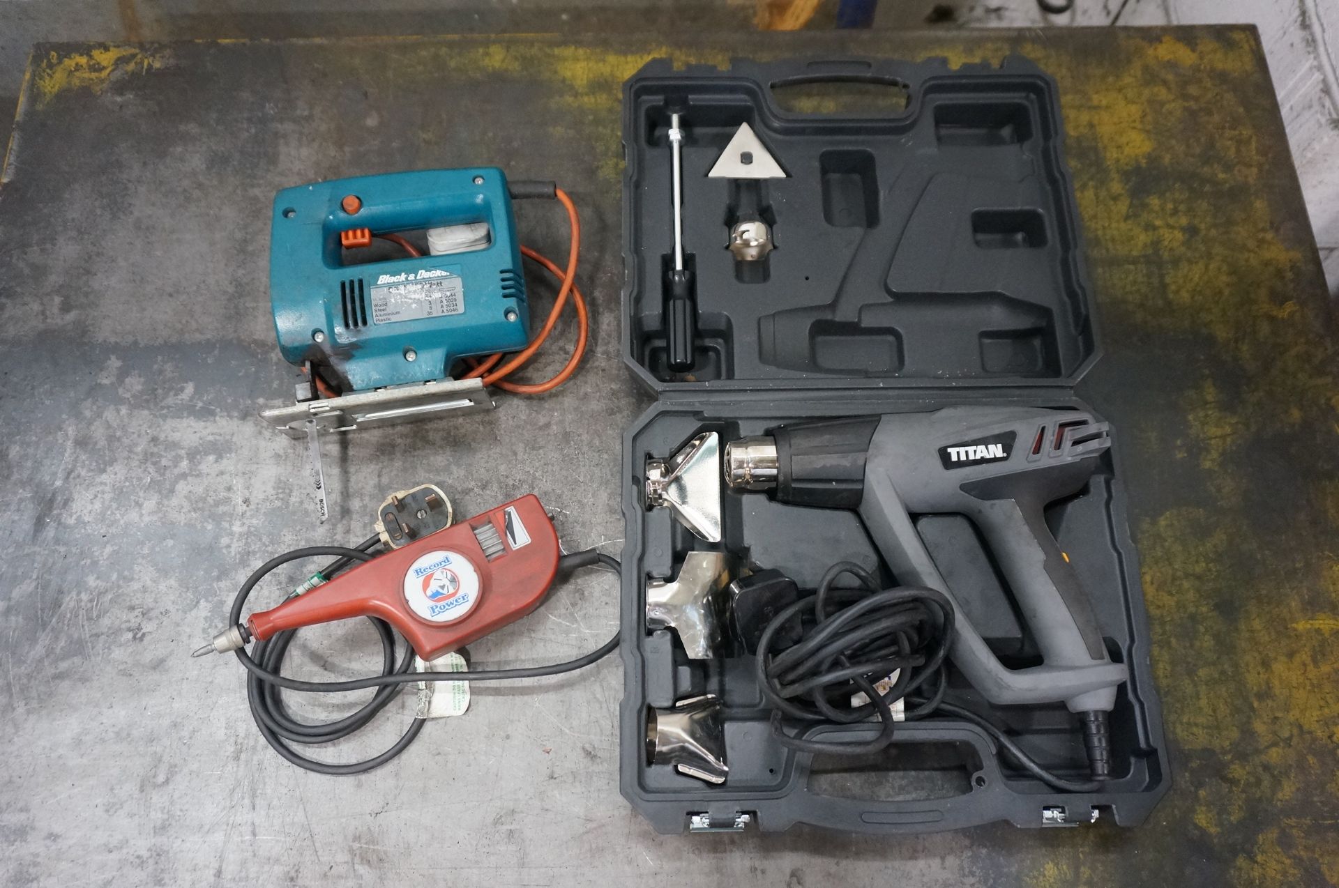 Three 240V Hand Tools. Comprimising of: Titan Heat Gun, Black & Decker Jigsaw & Record Power Engrave