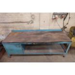 Steel Bench With Wooden Top & Lockable Cupboard. Bench Dimensions 2290mm x 760mm x 850mm. 