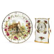 A Royal Albert "Old Country Roses" bone china, cased mantle clock, 16cm high, with a 5cm dial having