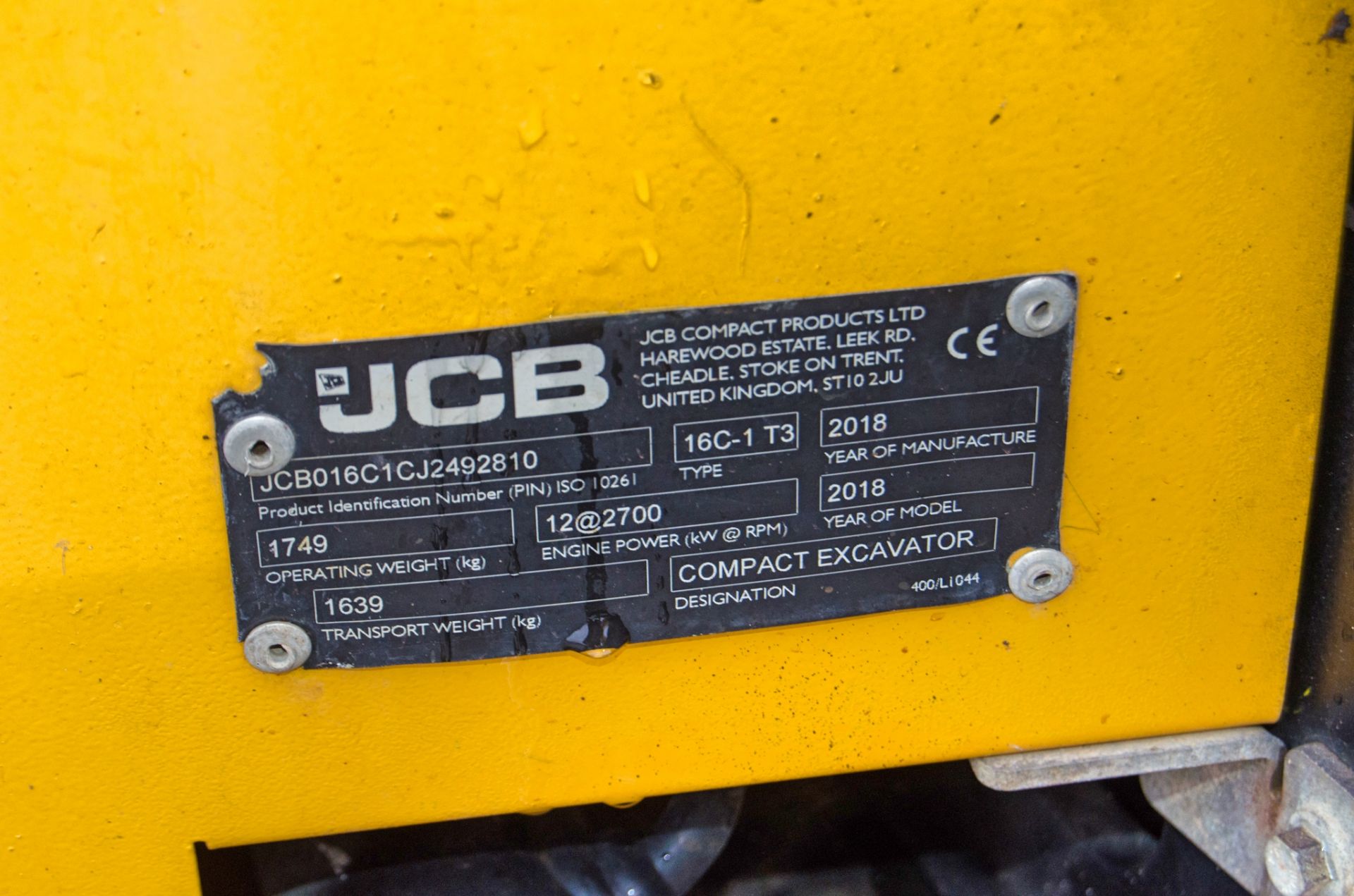 JCB 16C-1 1.6 tonne rubber tracked mini excavator Year: 2018 S/N: 2492810 Recorded Hours: 174 blade, - Image 26 of 26