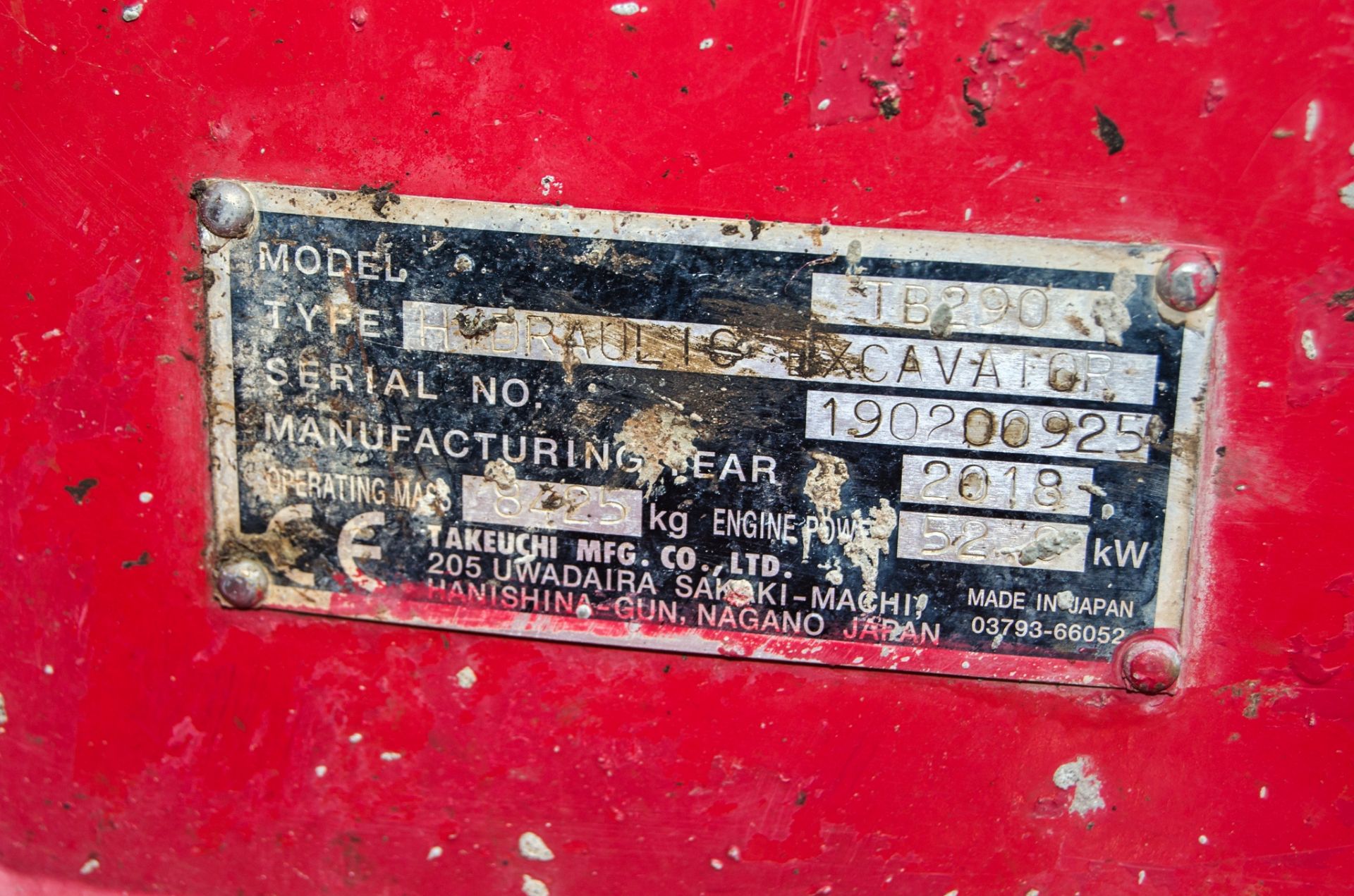 Takeuchi TB290 9 tonne rubber tracked excavator Year: 2018 S/N: 190200925 Recorded Hours: 7191 - Image 28 of 28