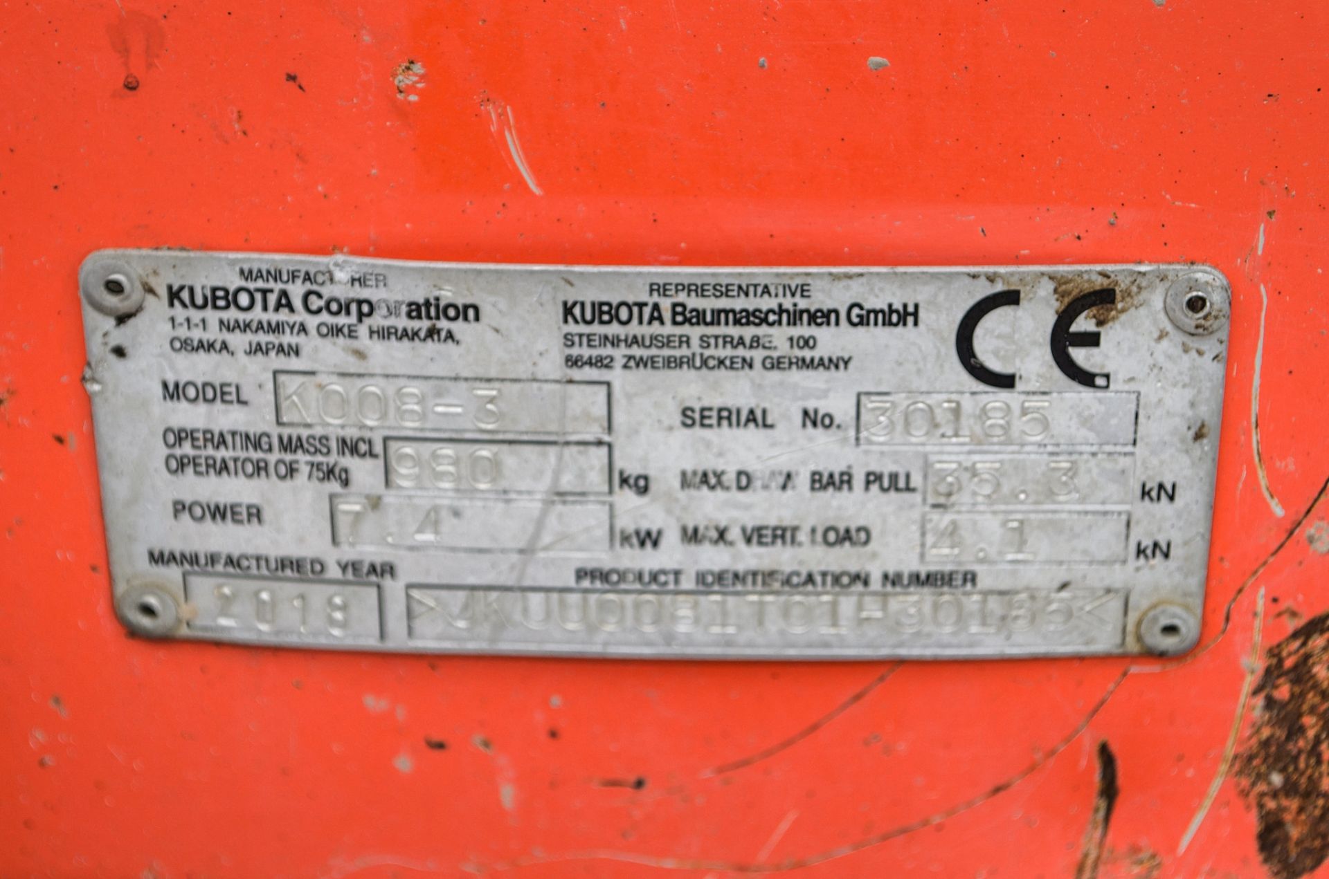 Kubota K008-3 0.8 tonne rubber tracked micro excavator Year: 2018 S/N: 30185 S9916 Recorded Hours: - Image 25 of 25